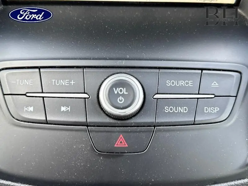 Boutons de commande audio noirs du tableau de bord du Ford C-MAX blanc, avec volume central et touches source et son.