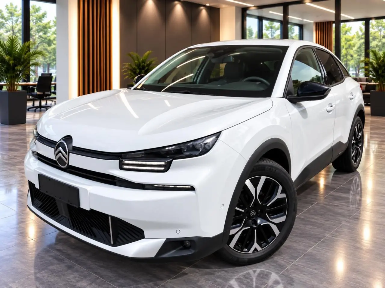 Vue 3/4 avant d'une Citroën C4 2025 blanc okenite, avec phares LED et jantes alliage noires distinctives.