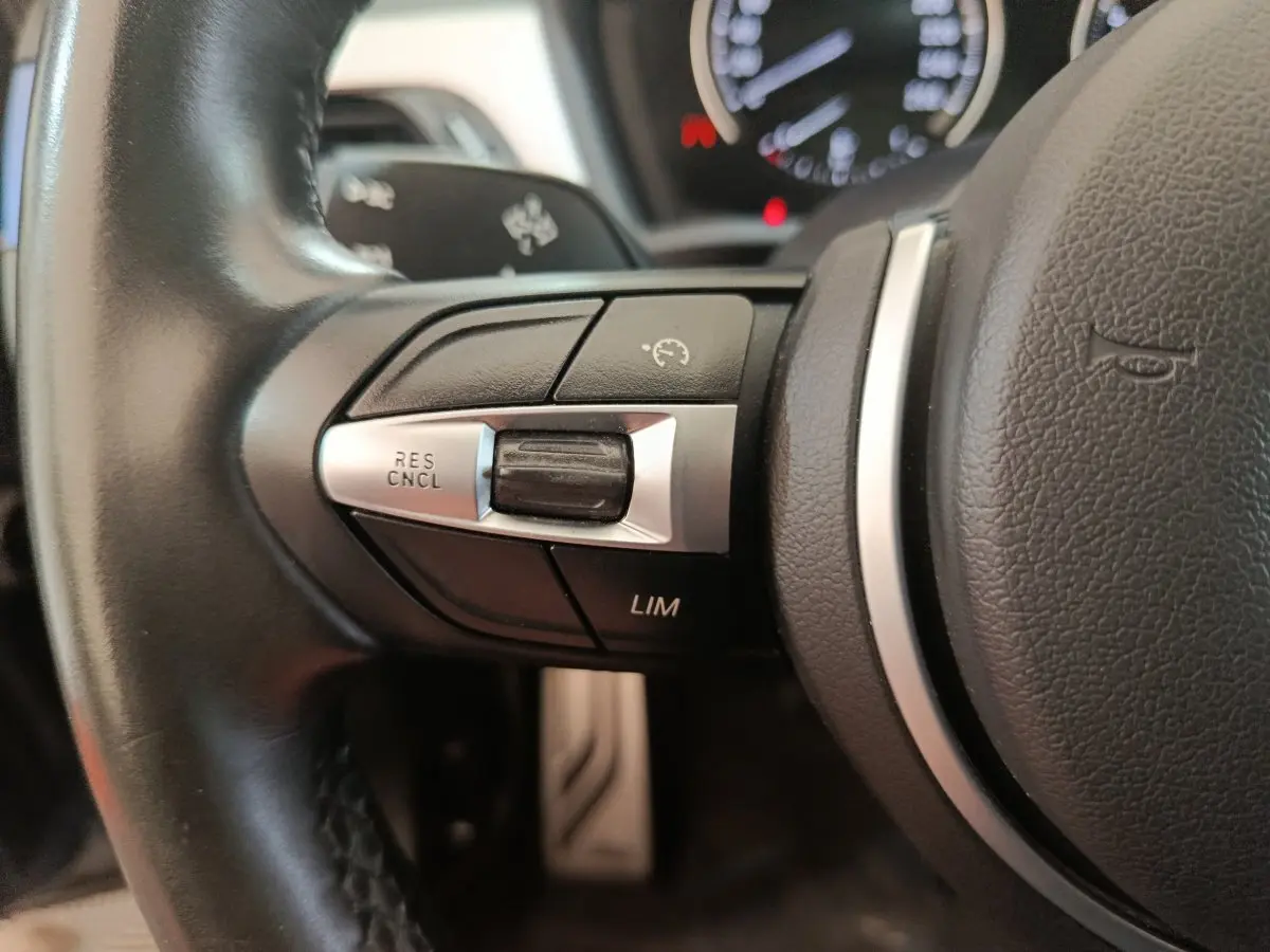 Gros plan sur les commandes de régulateur de vitesse côté gauche du volant cuir noir d'une BMW X1 sDrive18i M Sport 2019.