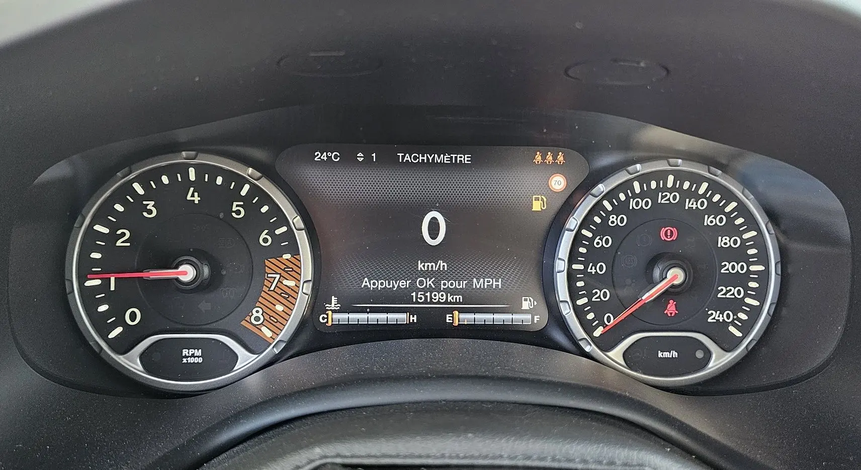 Tableau de bord du Jeep Renegade 2020 avec compte-tours et compteur de vitesse affichant 0 km/h, ambiance intérieure noire.