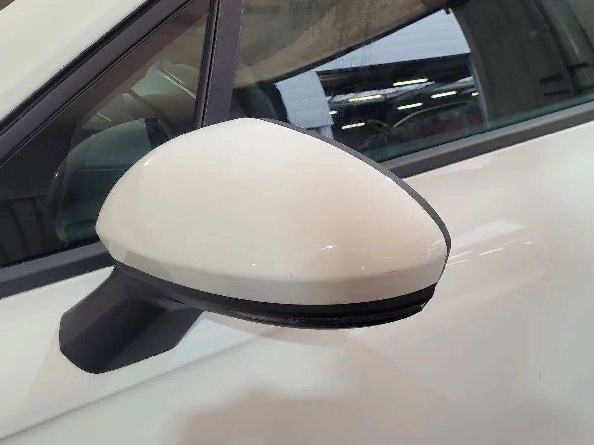 Rétroviseur côté gauche blanc de la Renault Clio Business 2021, avec clignotant intégré visible sur fond de portière.