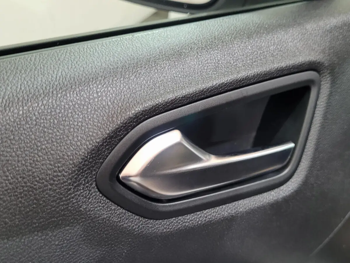 Poignée de porte intérieure côté conducteur de Renault Clio Business blanche, vue rapprochée sur la texture noire du panneau.