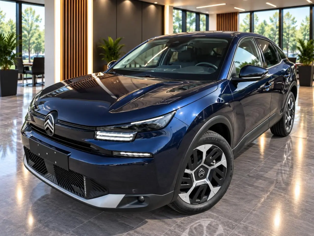 Citroën C4 2025 new dark blue vue 3/4 avant droit, avec signature lumineuse LED et jantes distinctives.