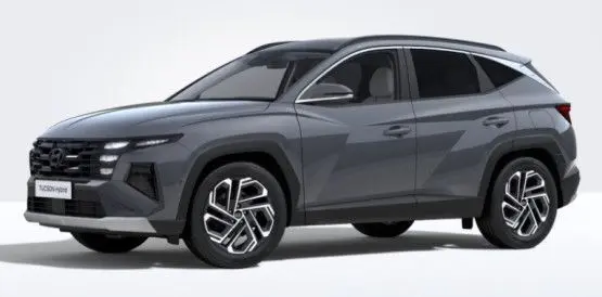 Hyundai Tucson 2025 gris Ecotronic en 3/4 avant droit, avec jantes alliage 19” et phares LED Matrix visibles.
