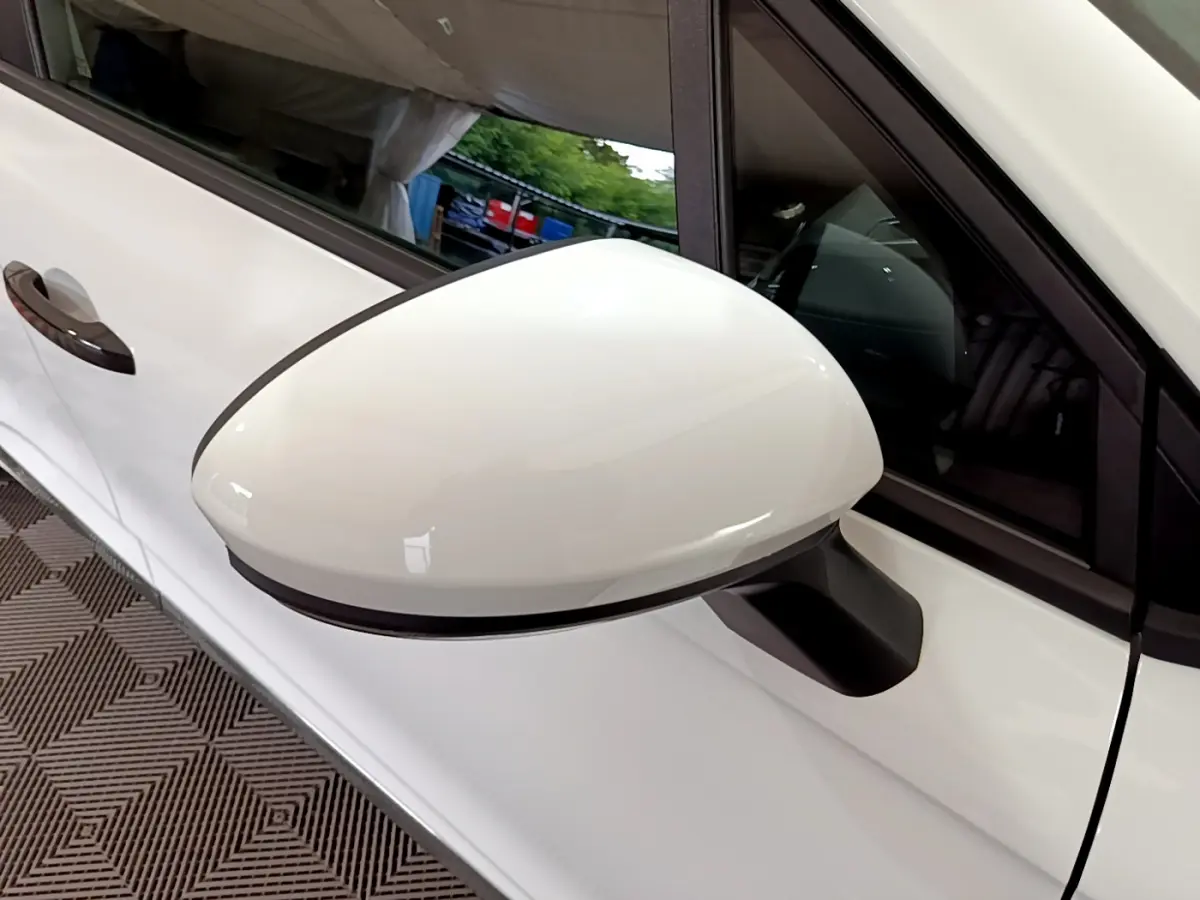 Rétroviseur côté gauche blanc de la Renault Clio Business 2021, avec poignée de porte assortie visible.