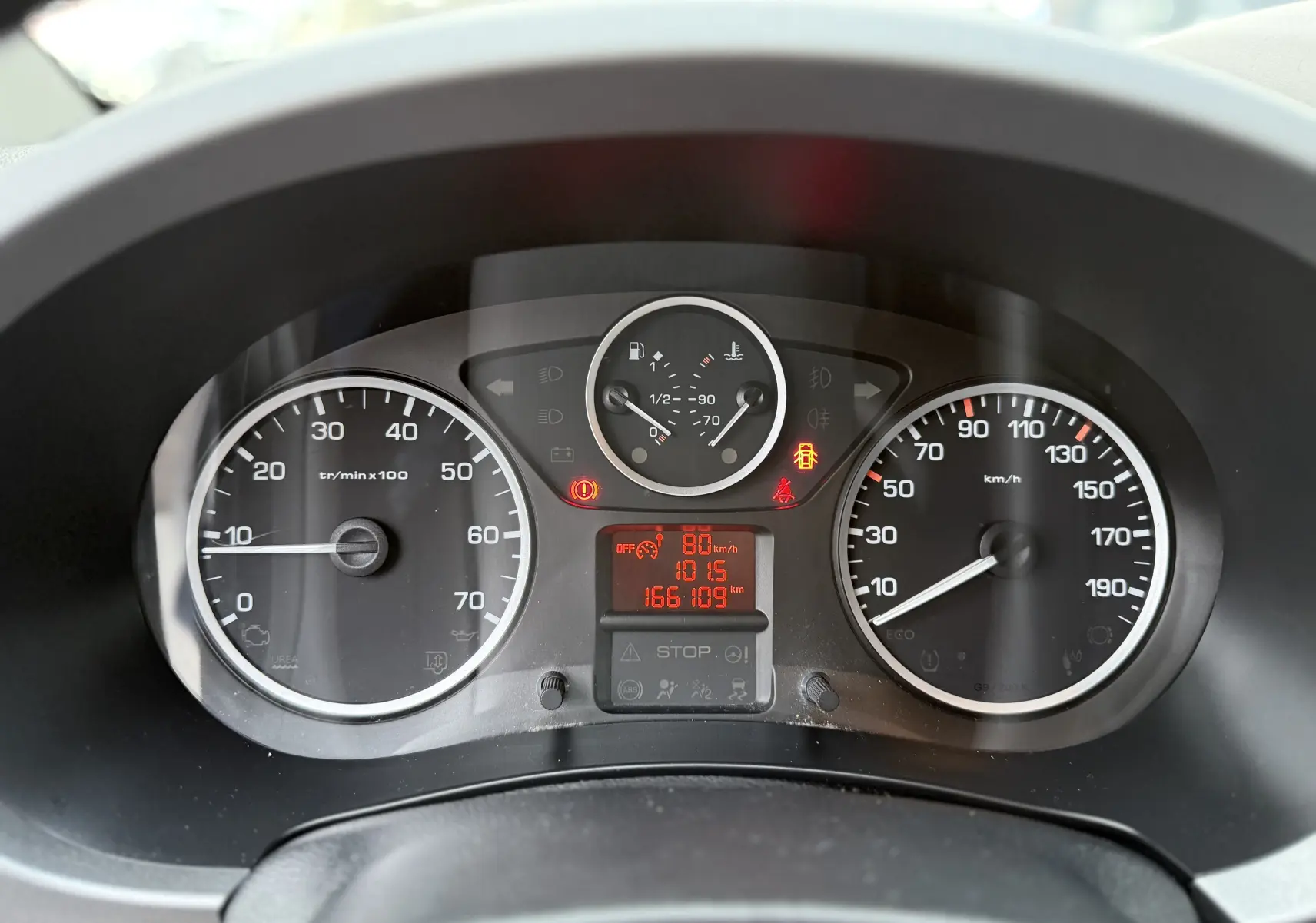 Vue rapprochée du tableau de bord gris du Peugeot Partner Tepee 2018, affichant compte-tours, vitesse et jauges.