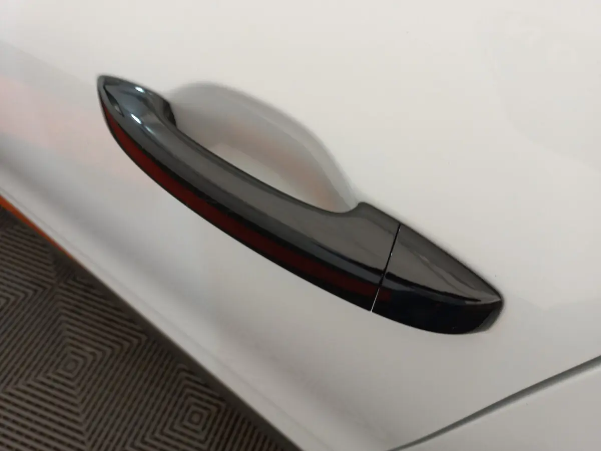 Poignée de porte noire sur la portière côté gauche d'une Renault Clio Business blanche de 2021.