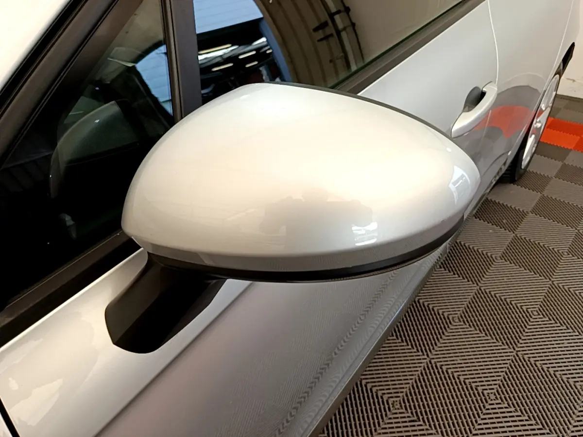 Rétroviseur côté gauche gris clair de la Renault Clio Business E-Tech hybride 2021, vue rapprochée sur la portière et la poignée.