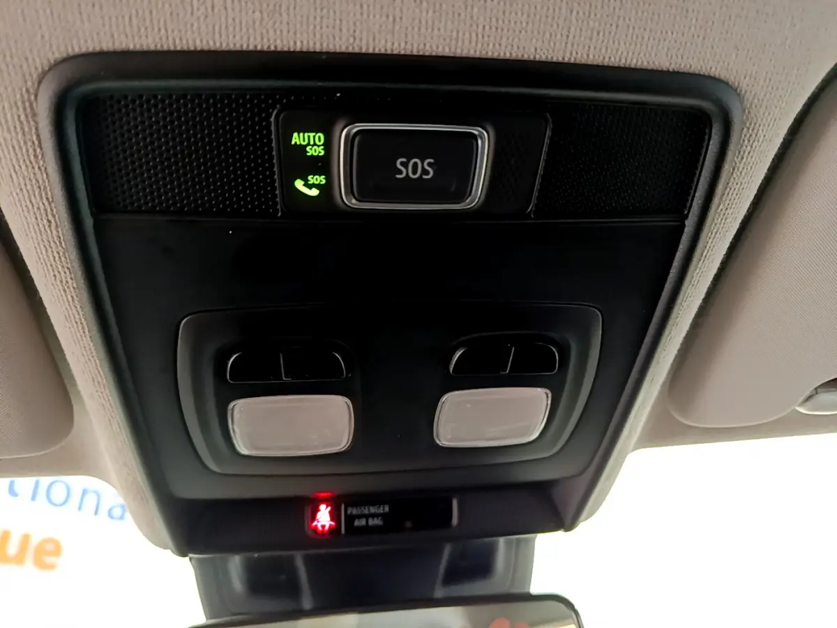 Vue rapprochée du plafonnier intérieur avec bouton SOS et éclairage dans une Renault Clio Business E-Tech hybride gris clair 2021.