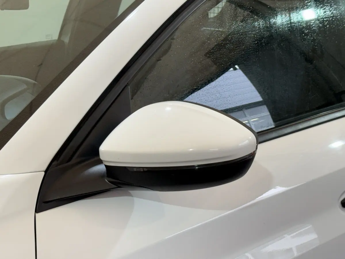 Rétroviseur côté conducteur blanc sur Peugeot 208 1.5 BlueHDi 2021, vue rapprochée côté gauche avec vitre arrière humide.