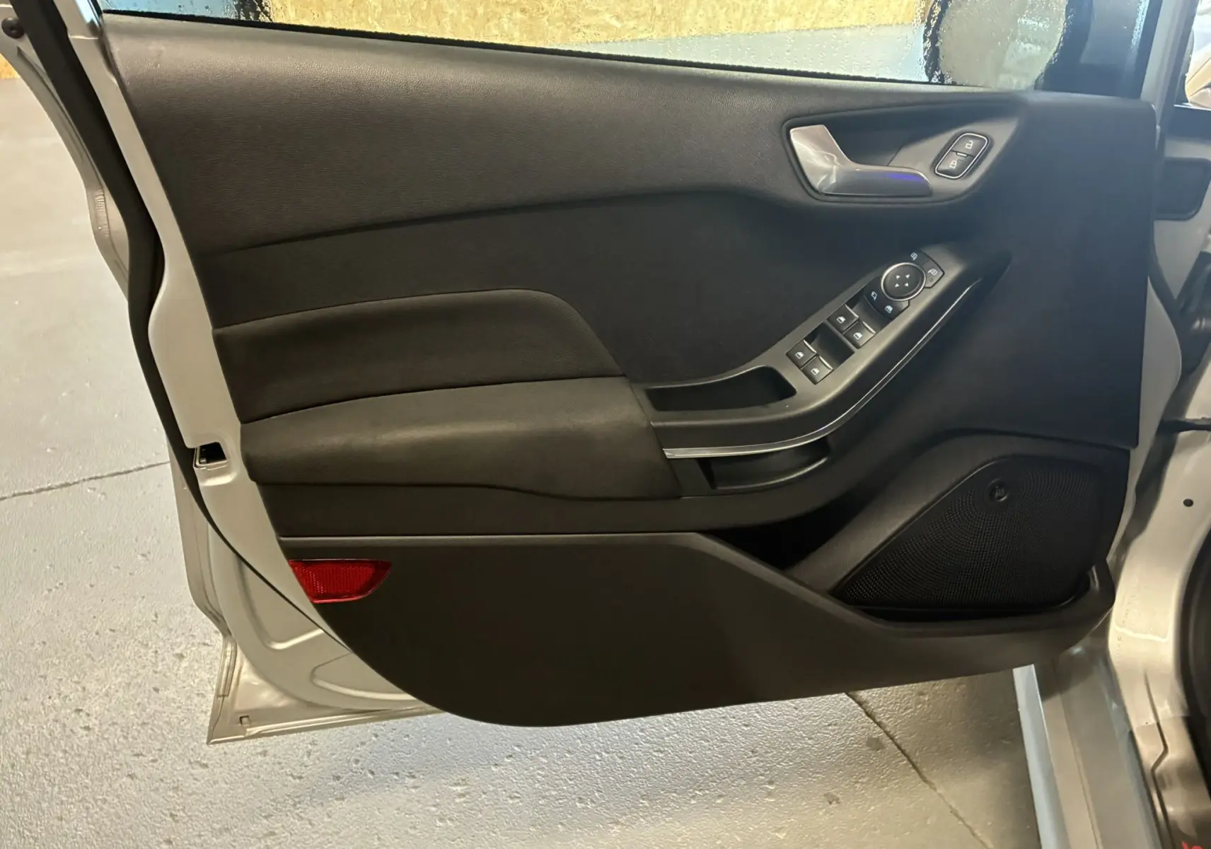Porte avant gauche ouverte d'une Ford Fiesta gris clair, panneau intérieur noir avec commandes de vitres et rétroviseurs.