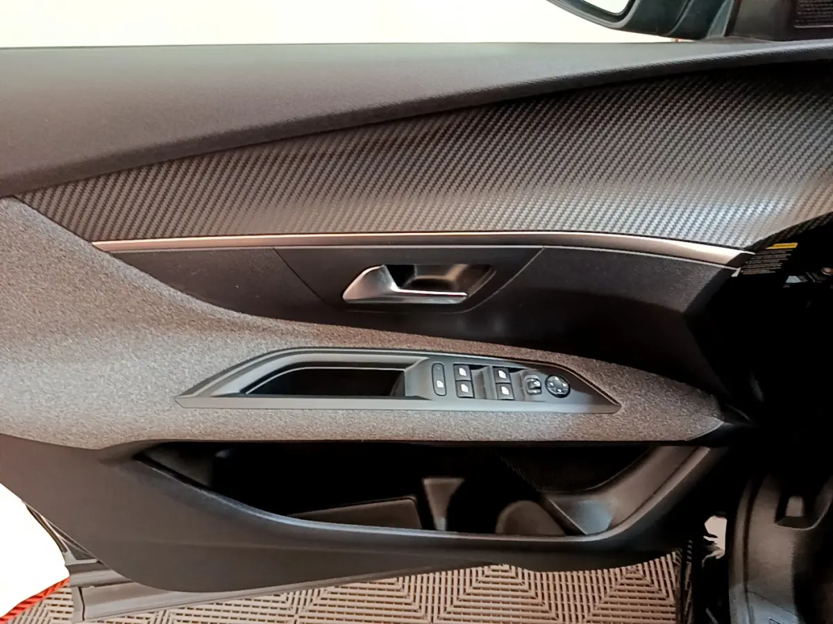 Intérieur côté gauche de la porte PEUGEOT 3008 2019 noir, avec commandes vitres et poignée argentée.