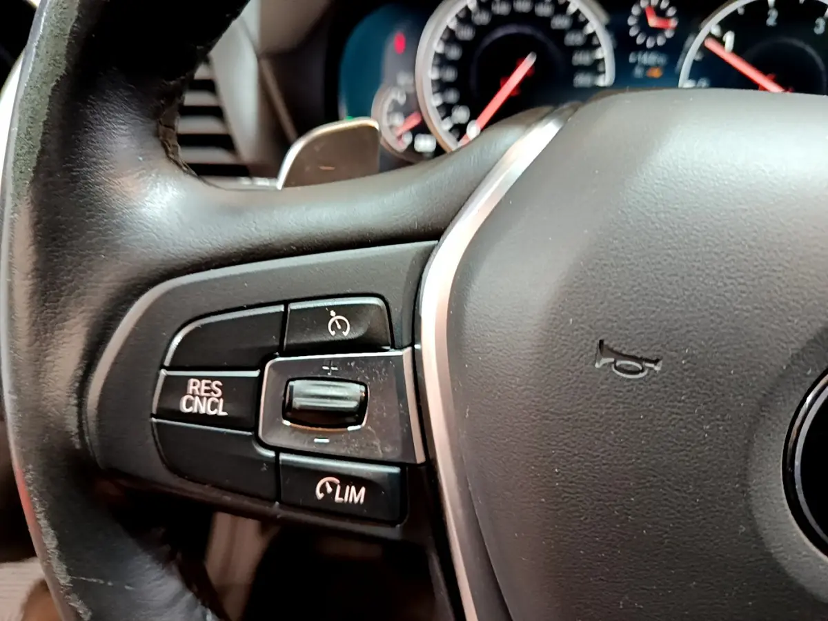 Gros plan sur le volant cuir noir du BMW X3 2019, avec commandes de régulateur de vitesse visibles côté gauche.