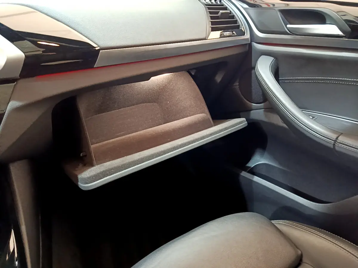 Intérieur noir du BMW X3 2019, vue côté passager avec boîte à gants ouverte et garnitures cuir visibles.