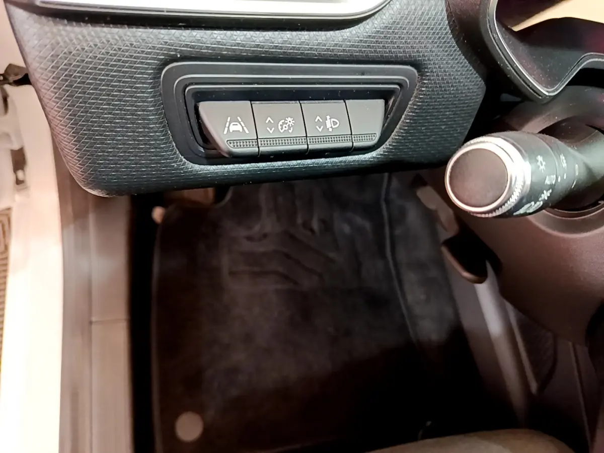 Vue intérieure côté conducteur de la Renault Clio Business Blue dCi 85 2020, montrant les commandes d'assistance et la commande d'éclairage.