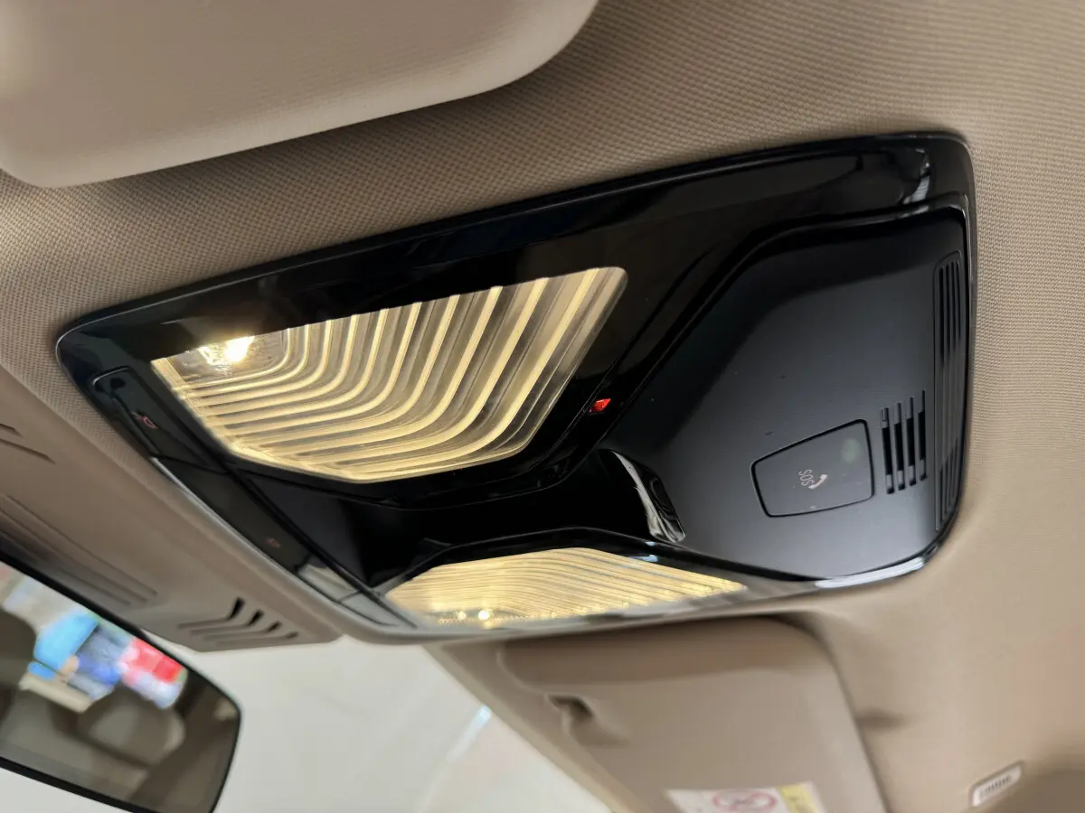 Plafonnier intérieur noir brillant avec éclairage LED et bouton SOS, vue en contre-plongée dans un BMW X3 gris foncé 2018.