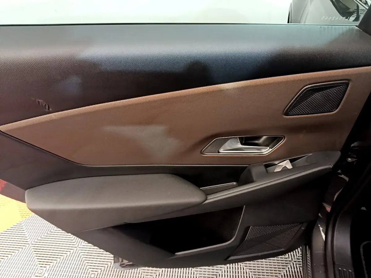 Vue intérieure du panneau de porte avant droit du DS7 Crossback 2020 en gris foncé avec garniture marron et commandes.