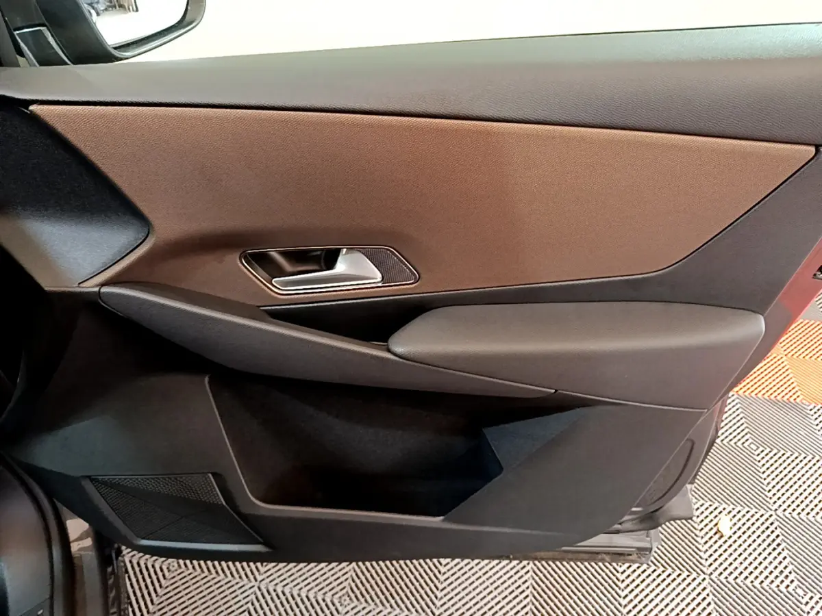 Vue intérieure côté gauche de la porte avant d’un DS7 Crossback 2020 avec garniture marron et noire.