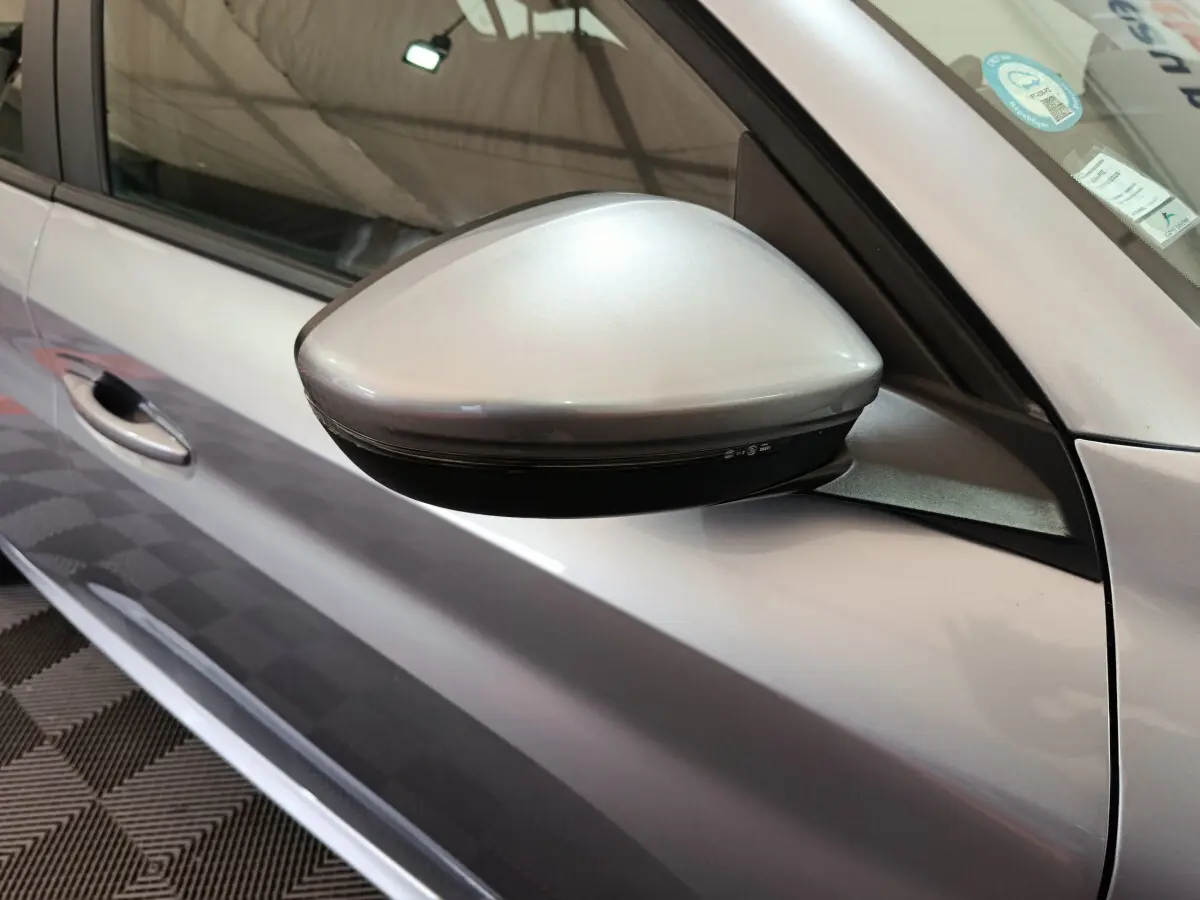 Rétroviseur côté gauche gris clair de la Peugeot 208 Electrique Active Business 2020 avec poignée de porte visible.
