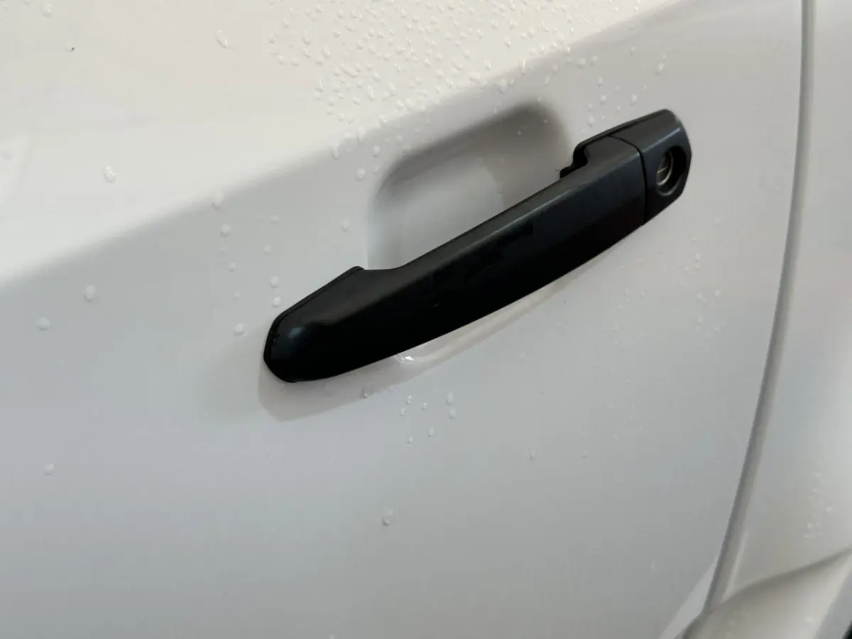 Poignée de porte noire sur la portière blanche d'une Aixam MINAUTO E ACCESS 2025 avec gouttes d'eau visibles.