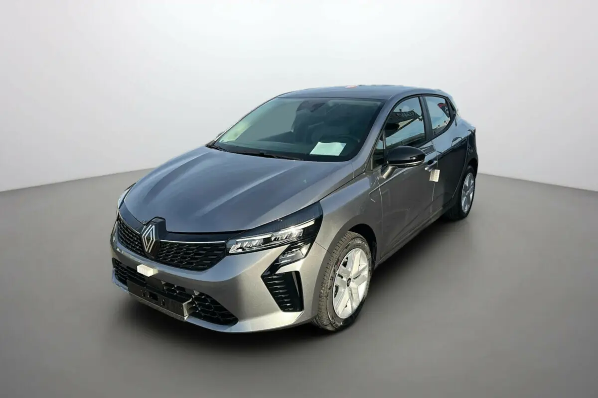 Renault Clio DCI 100 Evolution gris schiste vue 3/4 avant droit, avec feux full LED et jantes alliage.