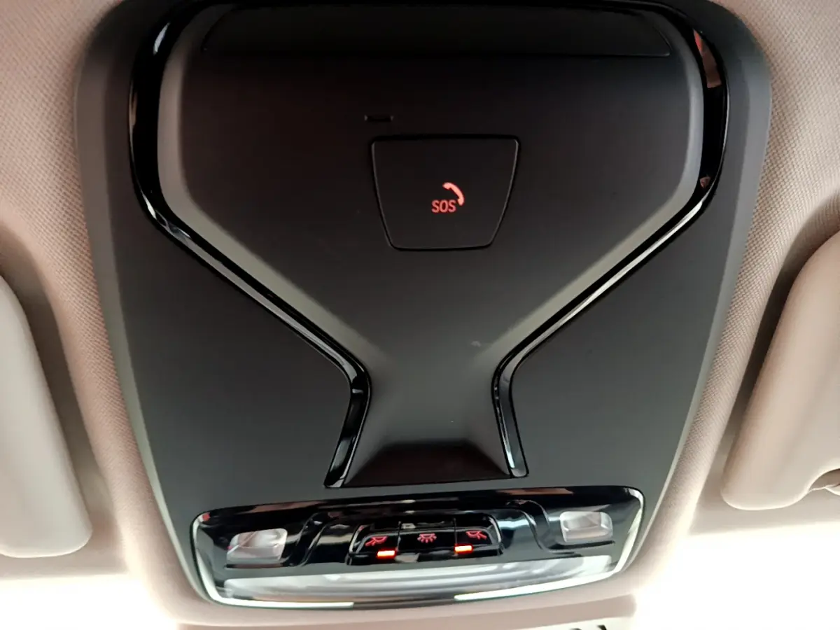 Vue du plafonnier intérieur noir avec bouton SOS rouge et commandes d'éclairage dans un BMW X3 xDrive20d 2020.