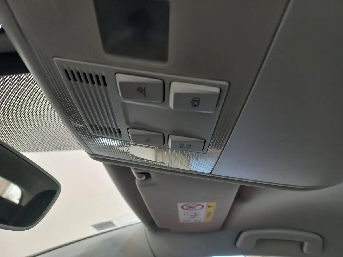 Vue intérieure du plafonnier avec commandes d'éclairage et verrouillage dans une Volkswagen Golf gris foncé 2019.