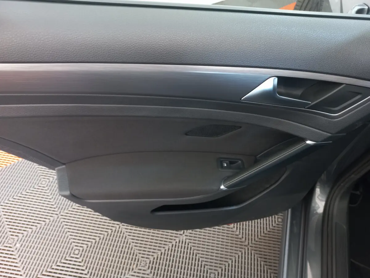 Vue latérale du panneau de porte côté droit gris foncé de la Volkswagen Golf 2019 avec poignée argentée et commande de verrouillage.
