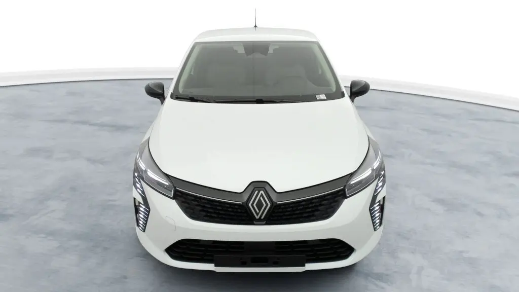 Renault Clio V TCE 90 GSR2 Evolution blanc glacier vue de face, avec calandre noire et feux LED Pure Vision allumés.