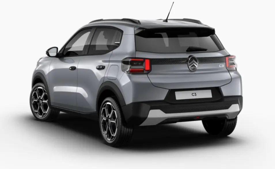 Vue 3/4 arrière droite d'une Citroën C3 hybride gris foncé avec feux arrière LED et toit noir contrasté.