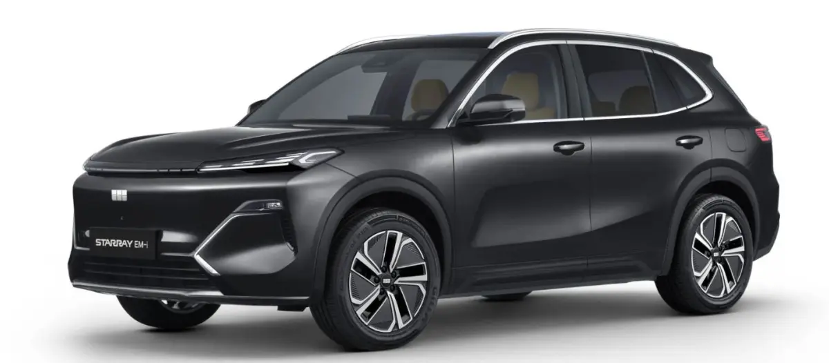 SUV Geely STARRAY PRO hybride rechargeable noir, vue 3/4 avant droit avec phares LED fins et jantes stylisées.