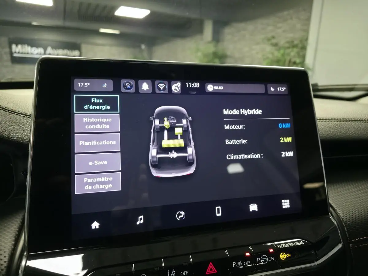 Écran tactile intérieur du Jeep Compass 2024 affichant le mode hybride et le flux d'énergie en détail.