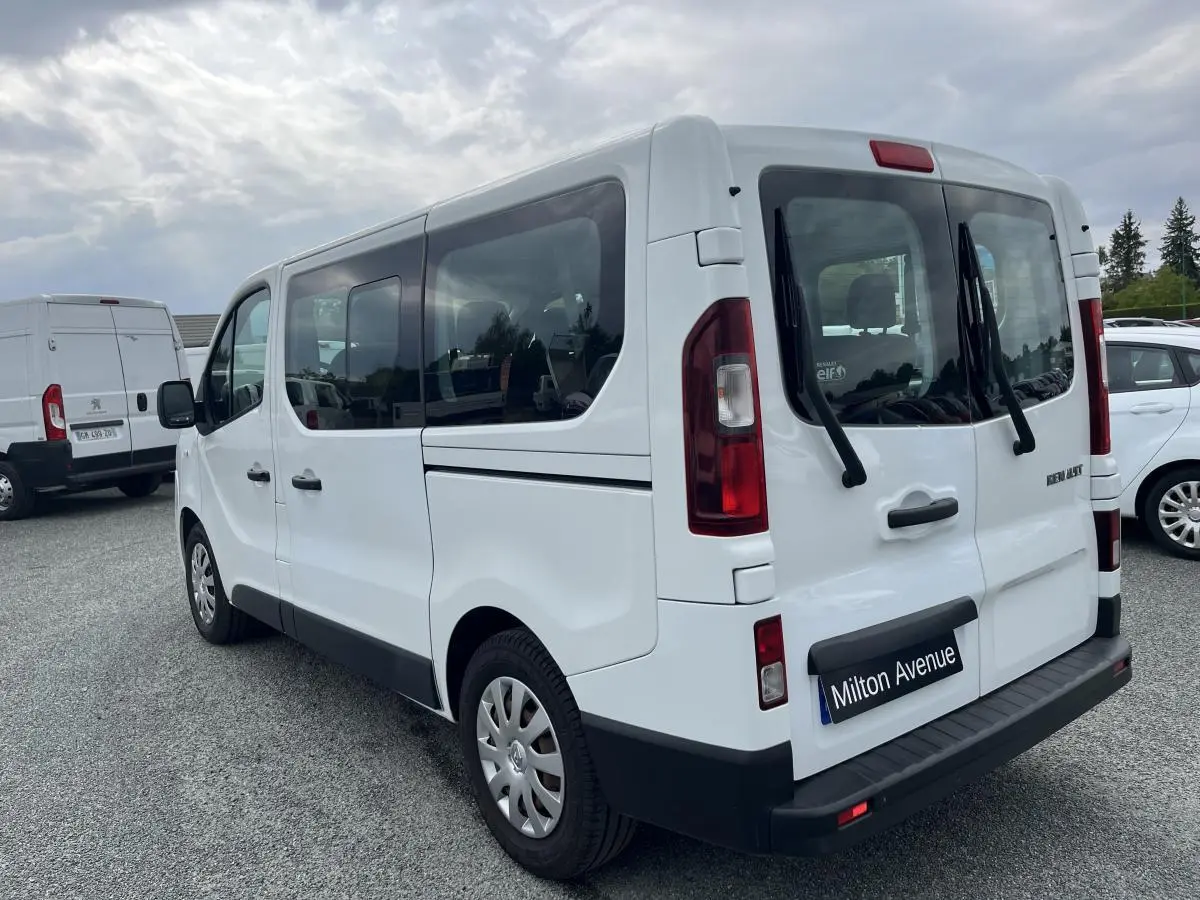 Vue 3/4 arrière droite d'un Renault Trafic Fourgon blanc avec portes arrière vitrées et protections noires.