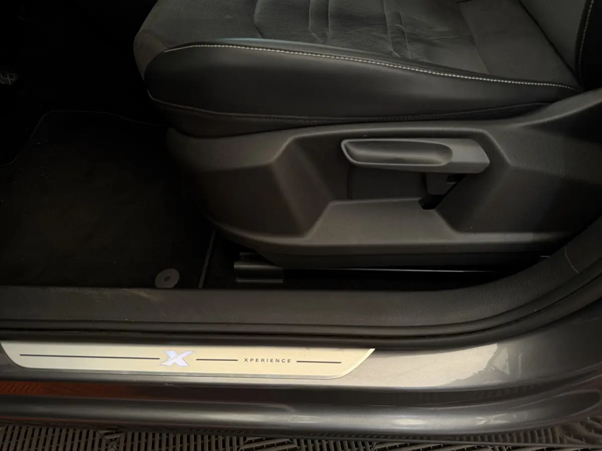 Détail de la porte côté conducteur d'un SEAT Ateca gris clair 2023 avec seuil Xperience éclairé et siège noir.