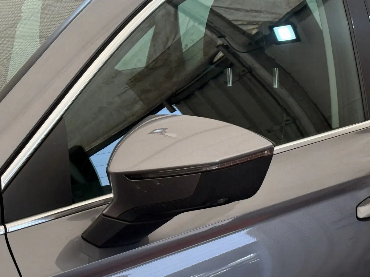 Rétroviseur côté gauche gris clair du SEAT Ateca 2023 avec clignotant intégré, vue rapprochée sur la portière.