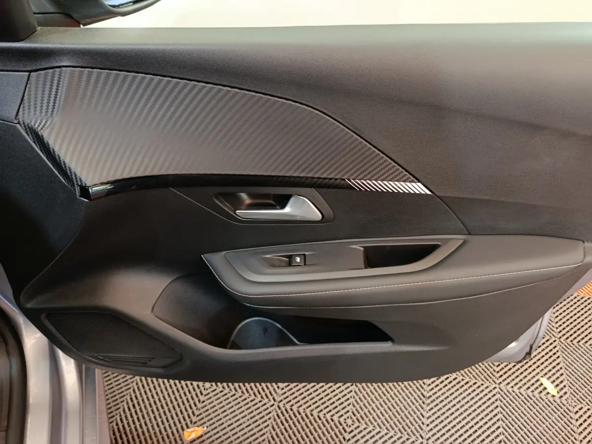 Vue intérieure côté gauche de la porte avant d'une Peugeot 208 gris clair avec insert effet carbone et commandes de vitre.