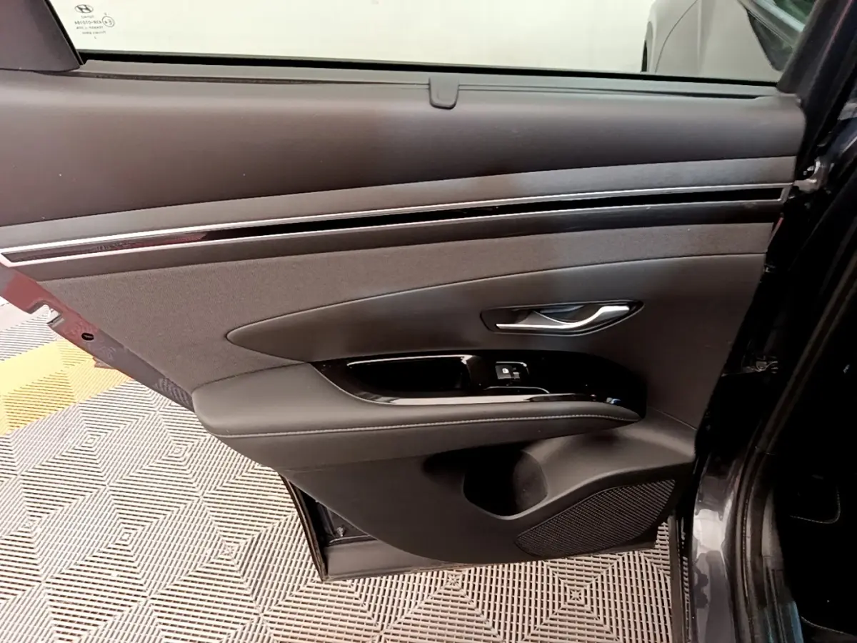 Vue intérieure côté gauche de la porte arrière d'un Hyundai Tucson gris foncé avec garniture noire et commandes de fenêtre.