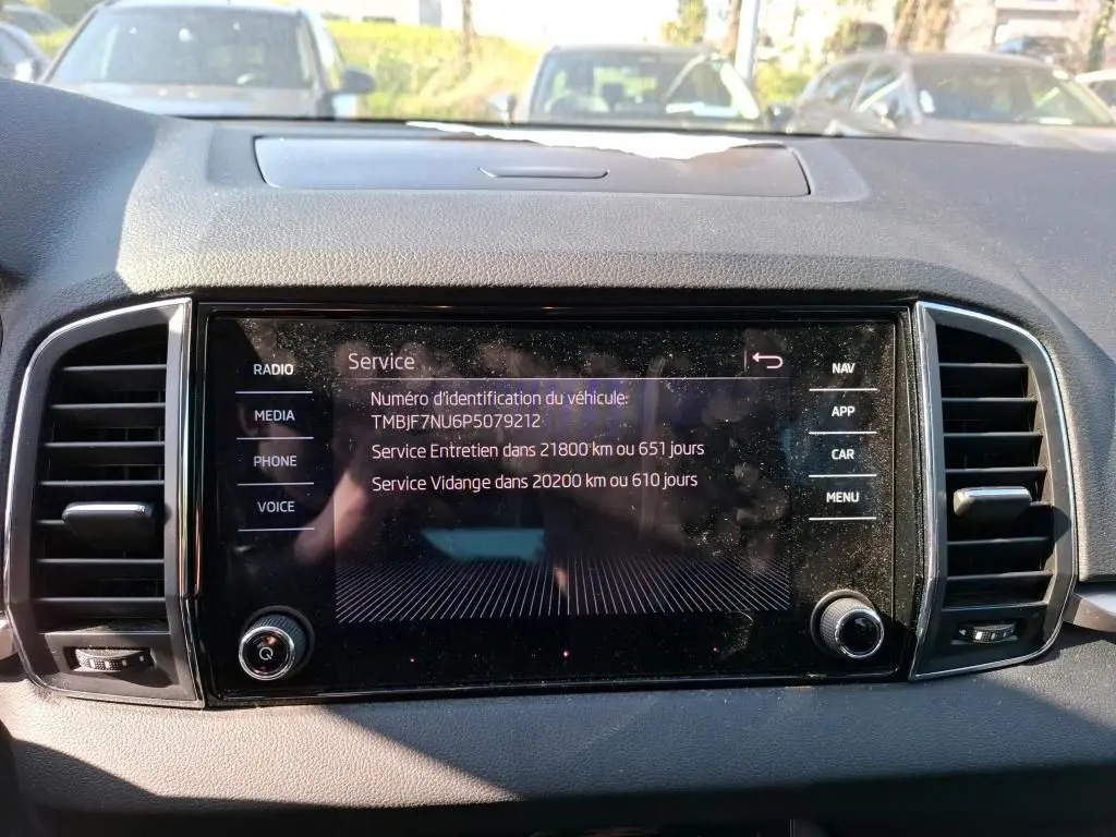 Détail intérieur de la porte avant gauche du Skoda Karoq gris, avec commandes de vitres et poignée chromée.