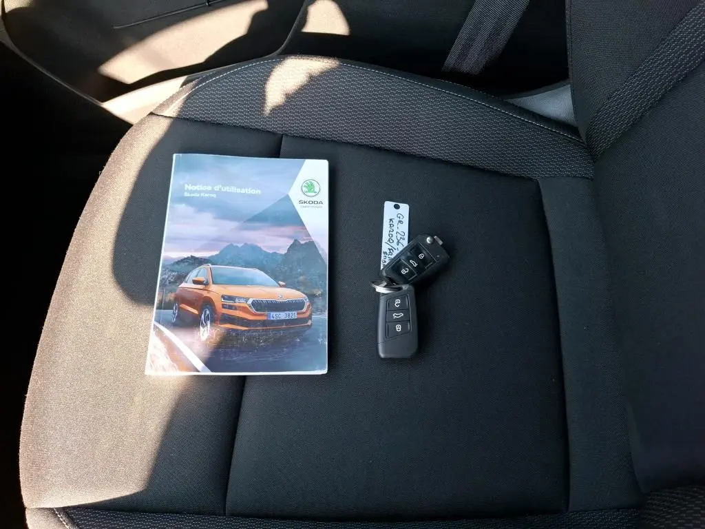 Gros plan sur la poignée intérieure noire et les finitions chromées de la porte avant droite d’un Skoda Karoq gris 2023.