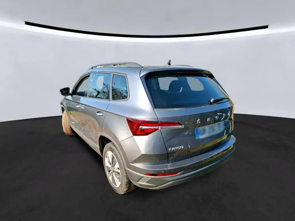 Vue de profil côté gauche d'un Skoda Karoq gris 2023 avec jantes alu 17 pouces dans un garage.
