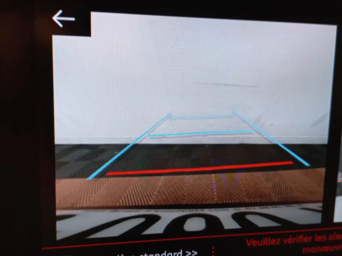 Vue arrière caméra de recul avec lignes de guidage bleues et rouge sur Peugeot 208 blanc, version PureTech 100 S&S Allure.