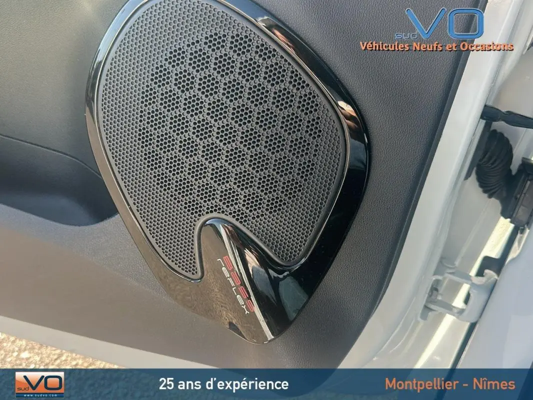 Gros plan sur le haut-parleur de porte avant droite de la Renault Clio IV Estate Business blanc visible avec cadre noir brillant.