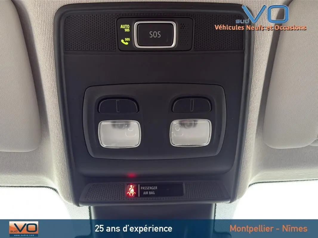 Vue en gros plan du plafonnier avec bouton SOS et voyants d'airbag passager de la Renault Clio gris foncé 2020.