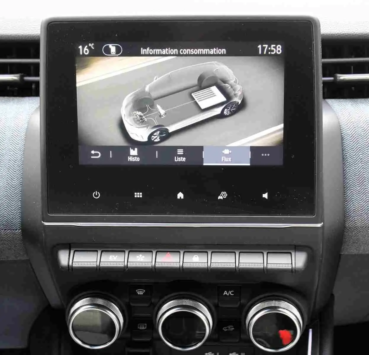 Écran central de la Renault Clio hybride 2025 montrant la consommation d'énergie, avec commandes de climatisation en dessous.