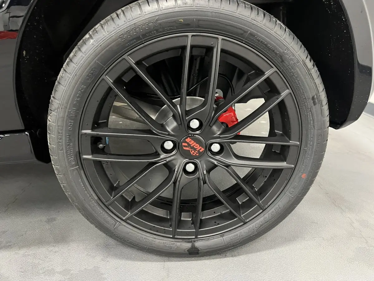 Gros plan sur la jante alu noire mate 16" avec logo Ligier rouge et étrier de frein rouge sur roue arrière.