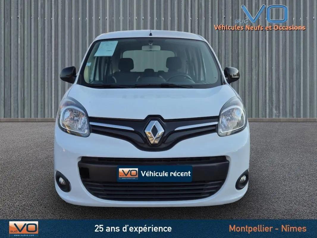 Vue de face d'un Renault Kangoo blanc 2016 avec phares antibrouillard et calandre noire distinctive.