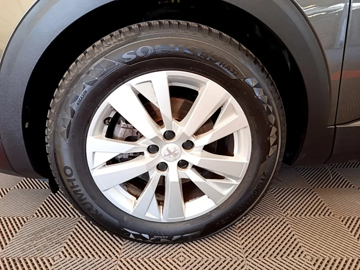 Gros plan sur la roue avant gauche d’un Peugeot 3008 gris foncé, mettant en valeur la jante alliage et le pneu Kumho.