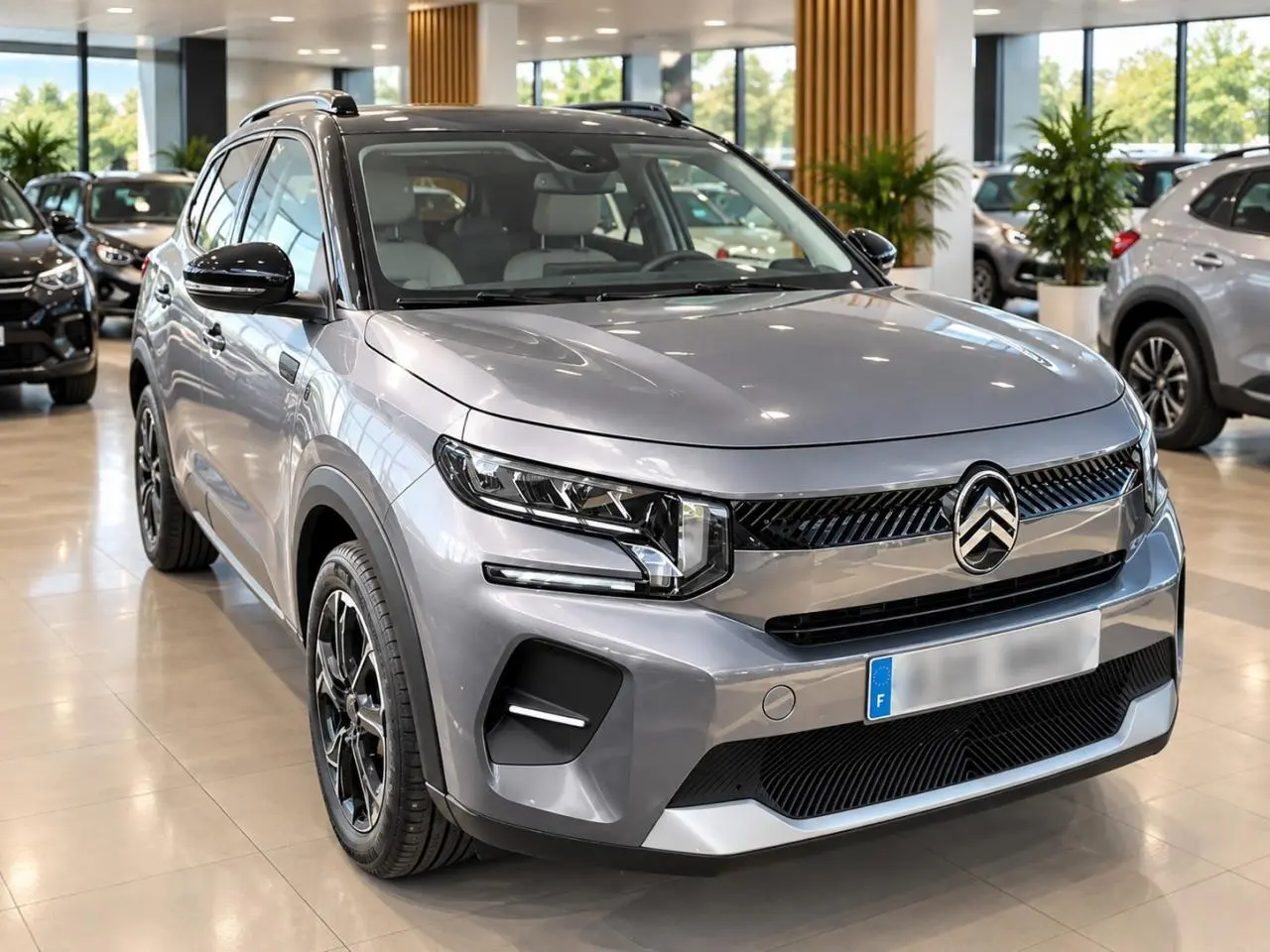 Citroën C3 ë-113 Berline Max gris Artense vue 3/4 avant en intérieur, calandre et phares LED distinctifs.