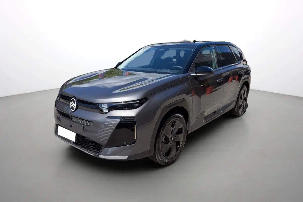 Citroën C5 Aircross New Hybrid 145 gris platinium toit noir, vue 3/4 avant avec jantes noires et vitres surteintées.