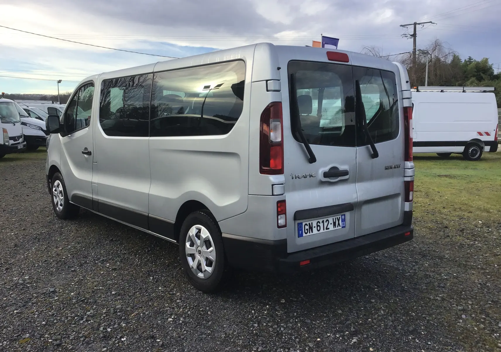Vue 3/4 arrière droite d’un Renault Trafic Combi gris clair métal, avec vitres latérales teintées et double portes arrière.